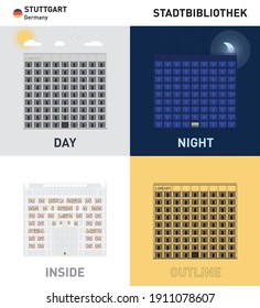 Modern City Library in Stuttgart, Germany. Front view. Vector in color. Day, night, inside, outline.