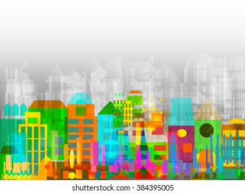 Modern city life, abstract urban art colorful cityscape illustration. Futuristic concept eco city background, vector design.