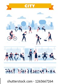 Modern City life. Flat illustration of people using phones walking outdoors. Flat concept illustration of people addiction to networks and spending time in internet. 