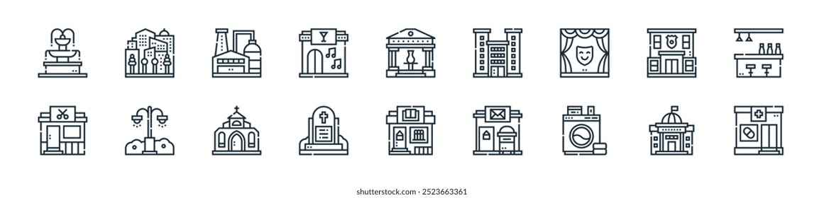 pacote de ícones da vida da cidade moderna. perfeito para projetos de ui lineares com fary vetor, prefeitura, lavanderia, correio, livraria, cemitério, igreja e mais ícones para aplicativos móveis e web.