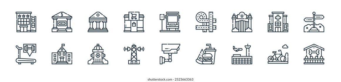 modern city life icon pack. perfect for linear ui designs featuring vector animal shelter, bicycle parking, airport, fast food, security camera, radio tower, hydrant and more icons for mobile and