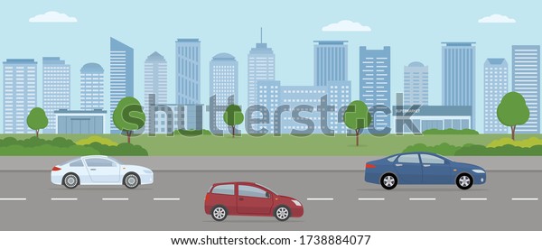 Modern city. City life illustration with\
house facades, road and other urban details.  Panoramic view. Flat\
style, vector\
illustration.