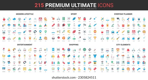 Modern city and lifestyle color flat icons set vector illustration. Abstract symbols of sport workout planner, urban elements and entertainment, shopping simple design for mobile and web apps