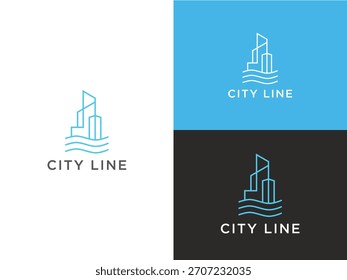 A modern city line logo vector featuring sleek, minimalist outlines of urban skyscrapers.