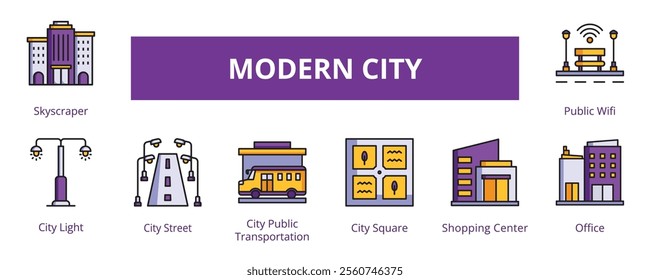 Modern City Lineal Color Banner Web Icon Set Vector Illustration