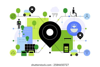 Modern city. Locations and navigation. Public places and greening. Abstract scheme. Flat illustration. Vector file.