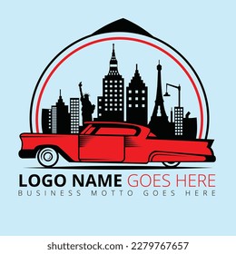 Modern city logo with city silhouette and red car vector