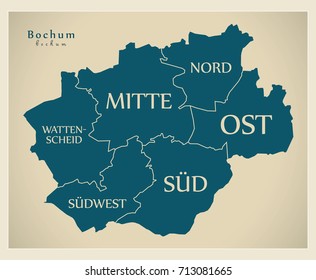 Modern City Map - Bochum city of Germany with boroughs and titles DE