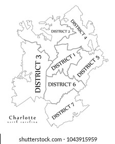 Modern City Map - Charlotte North Carolina city of the USA with boroughs and titles outline map