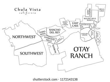 Modern City Map - Chula Vista California city of the USA with neighborhoods and titles outline map