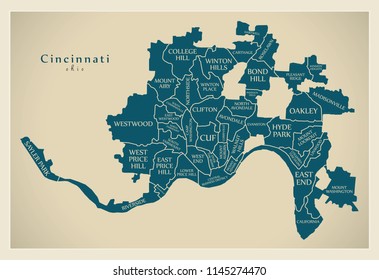 Modern City Map - Cincinnati Ohio city of the USA with neighborhoods and titles