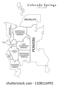 Modern City Map - Colorado Springs CO city of the USA with neighborhoods and titles outline map
