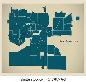Modern City Map - Des Moines Iowa city of the USA with neighborhoods