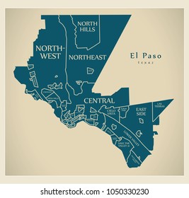 Modern City Map - El Paso Texas city of the USA with neighborhoods and titles