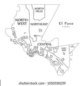 Modern City Map - El Paso Texas city of the USA with neighborhoods and titles outline map