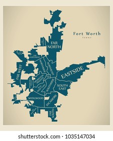 Modern City Map - Fort Worth Texas city of the USA neighborhoods and titles