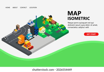 Modern city map illustration, trees, houses, buildings, windmills, roads. suitable for landing pages, headers, flyers, banners, infographics and other graphic assets in an isometric vector style