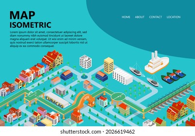 Modern city map illustration, trees, houses, buildings, bridges, ships, roads. suitable for landing pages, headers, flyers, banners, infographics and other graphic assets in an isometric vector style