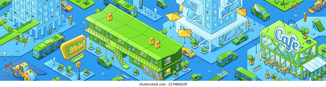 Modern city map, isometric cityscape with cafe, motel and office buildings, construction machinery, cars on streets and flying plane. Vector horizontal illustration of urban architecture and transport