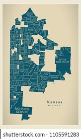 Modern City Map - Kansas Missouri city of the USA with neighborhoods and titles