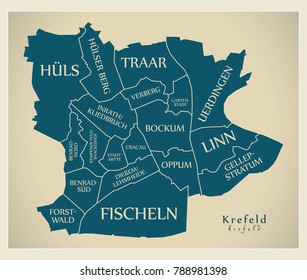 Modern City Map - Krefeld city of Germany with boroughs and titles DE