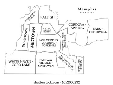 Modern City Map - Memphis Tennessee city of the USA with neighborhoods and titles outline map