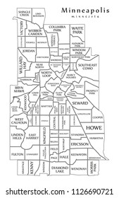 Modern City Map - Minneapolis Minnesota city of the USA with neighborhoods and titles outline map