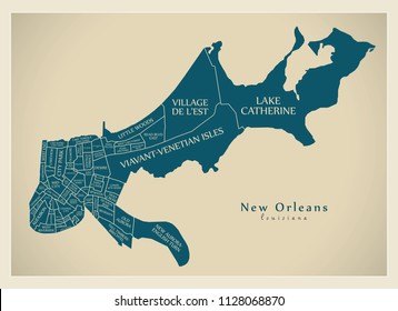 Modern City Map - New Orleans Louisiana city of the USA with neighborhoods and titles