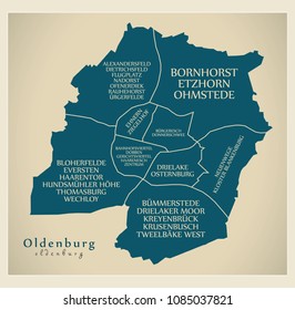 Mapa urbano moderno - ciudad de Oldenburg, Alemania, con barrios y títulos DE.