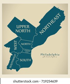 Modern City Map - Philadelphia city of the USA with boroughs and titles