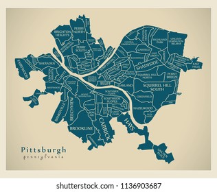 Modern City Map - Pittsburgh Pennsylvania city of the USA with neighborhoods and titles