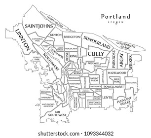 Modern City Map - Portland Oregon city of the USA with neighborhoods and titles outline map