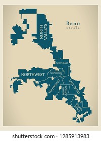 Modern City Map - Reno Nevada city of the USA with neighborhoods and titles