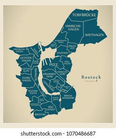 Modern City Map - Rostock city of Germany with boroughs and titles DE