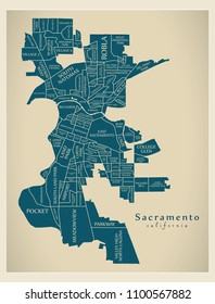 Modern City Map - Sacramento California city of the USA with neighborhoods and titles