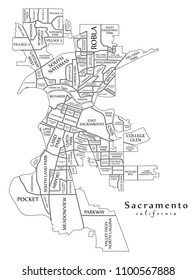 Modern City Map - Sacramento California city of the USA with neighborhoods and titles outline map