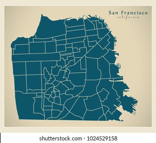 Modern City Map - San Francisco city of the USA with neighbourhoods