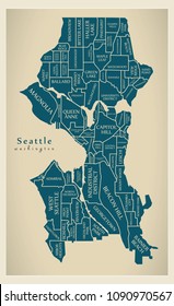 Modern City Map - Seattle Washington city of the USA with neighborhoods and titles