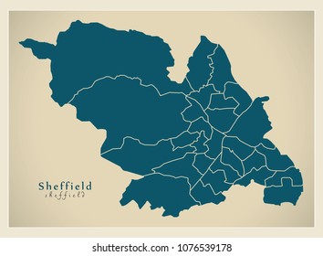 Modern City Map - Sheffield city of England with wards UK