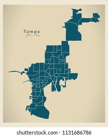 Modern City Map - Tampa Florida city of the USA with neighborhoods