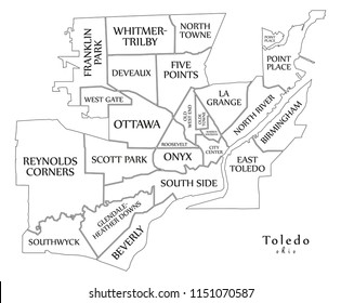 Modern City Map - Toledo Ohio city of the USA with neighborhoods and titles outline map