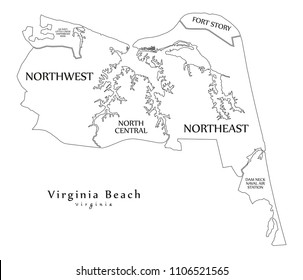 Modern City Map - Virginia Beach VA city of the USA with neighborhoods and titles outline map