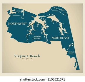 Modern City Map - Virginia Beach VA city of the USA with neighborhoods and titles