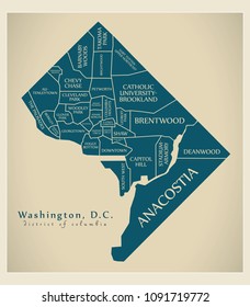 Modern City Map - Washington DC City Of The USA With Neighborhoods And Titles