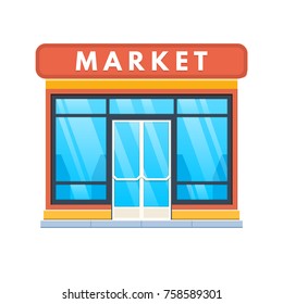 Modern city market building facade. City shopping mall building. Street shopping center and complex, supermarket, shop for people, architectural structure. Urban landscape. Vector illustration.