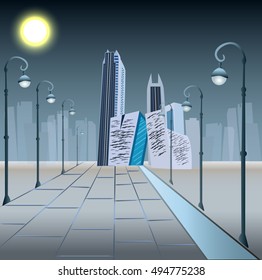 Modern City Megalopolis View Skyscraper Cityscape Vector Illustration.
Business center  in the night.