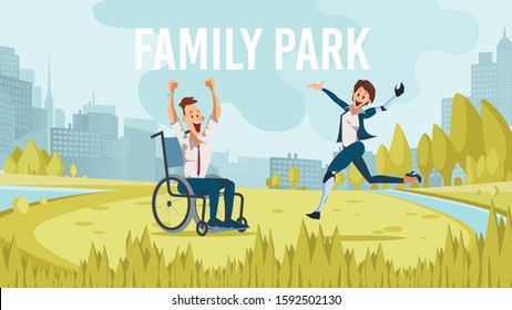 Modern City, Metropolis Family Park Trendy Flat Vector Banner, Poster Template. Happy Smiling, Excited Disabled Man in Wheelchair, Woman with Robotic Prosthesis Resting on Park Meadow Illustration