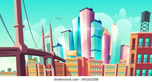 Modern city metropolis growth, street view with bridge, old buildings and modern futuristic architecture glass towers skyscrapers rising to sky, airplane flying in clouds, cartoon vector illustration