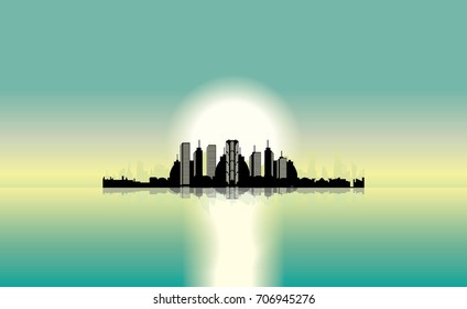 A modern city in the middle of the ocean. cityscape on the island under morning sky. Vector skyline and sunrise