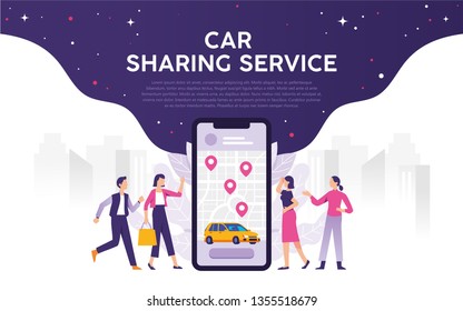 Modern city mobile transportation, car sharing service transportation concept vector illustration, young people order online transportation with phone app